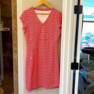 LL Bean woman's athletic fabric dress. Short sleeve, V neck , 1 zipper pocket.